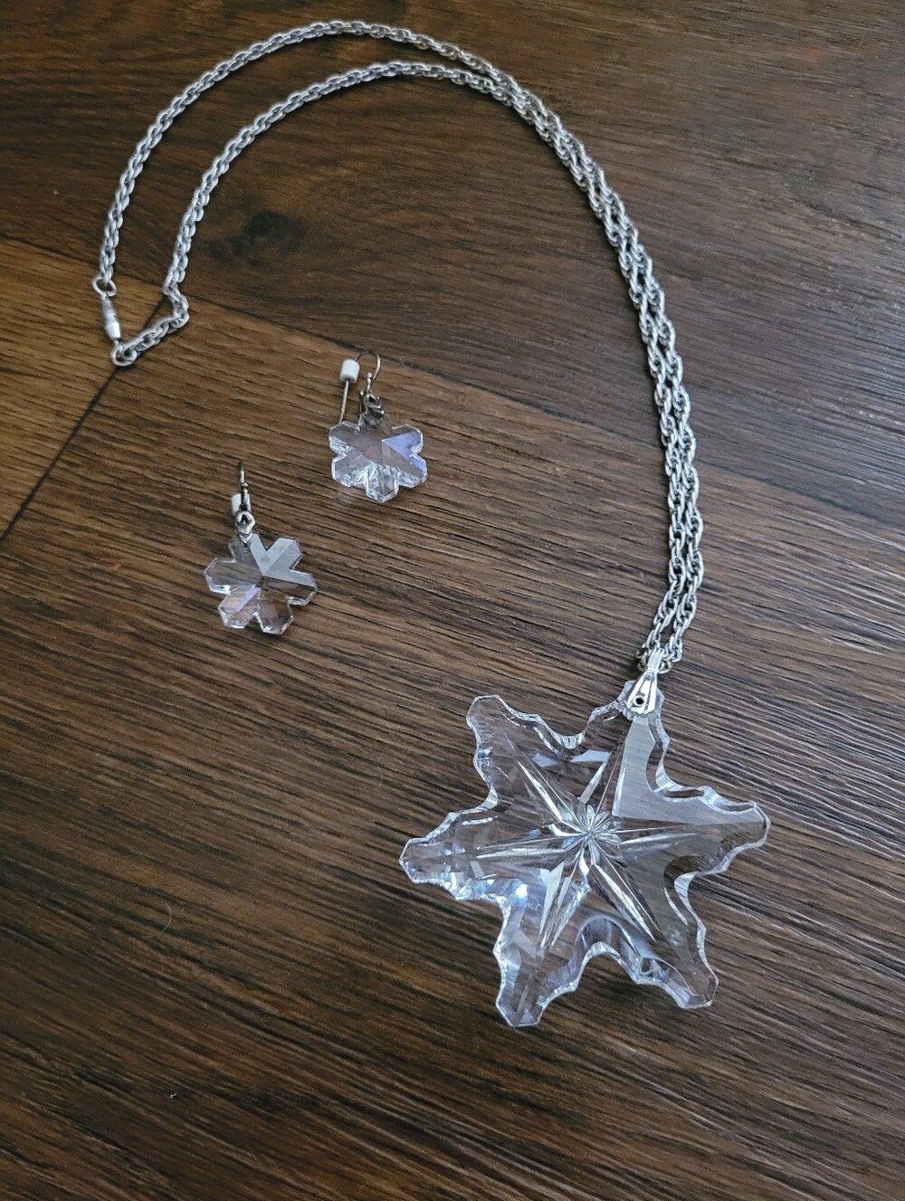 1976 Gorham Full Lead Crystal Snowflake Pendant Necklace & Earrings Set